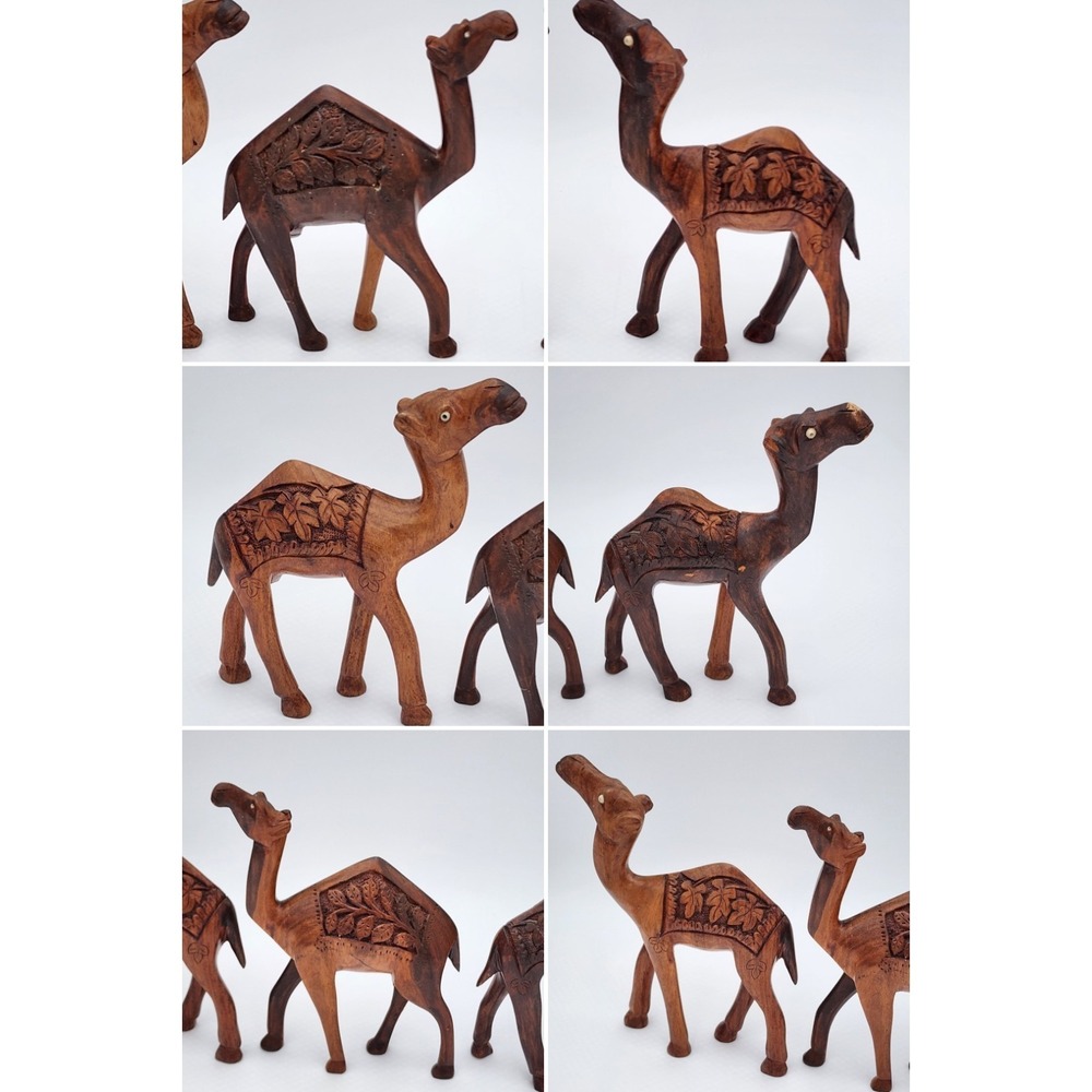Vintage Hand Carved Standing Wood Camel Sculptures Set Of 3 Bead Eyes Intricate - Picture 7 of 16